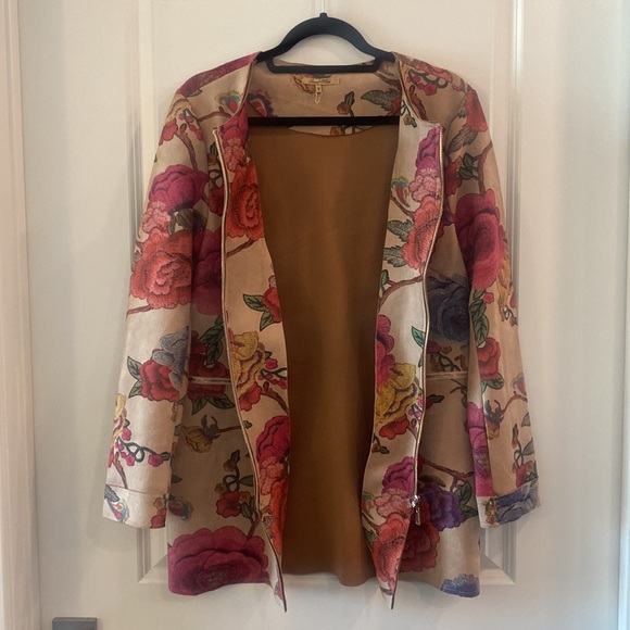 Sweet Miss Tan Floral Faux Suede Zip Up Jacket - Picture 3 of 4